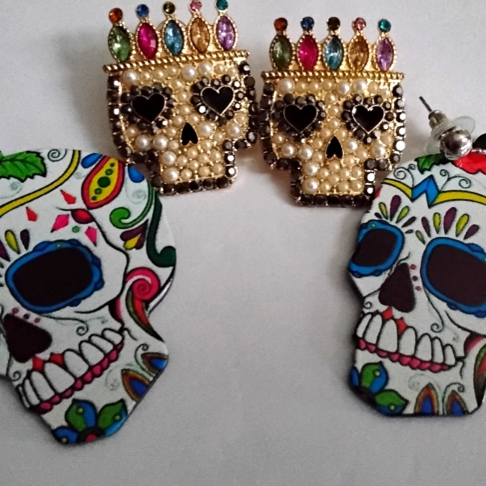 Colorful Rhinestone Kings Crown Pearl Skull Earrings W/ Colorful Added Pair